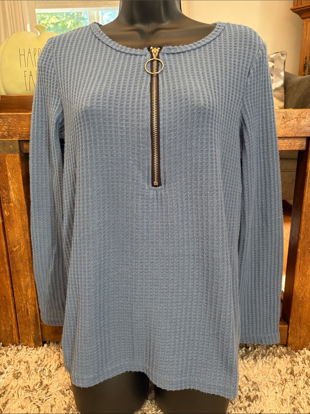 SHEIN Blue Waffle Knit Half-Zip Crewneck Sweater size Medium